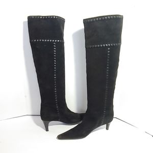 Bottega Veneta black suede knee high heeled boots